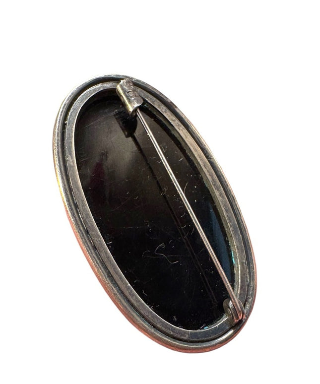 Stunning antique black onyx oval sterling silver 925 mourning brooch