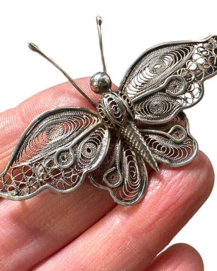 Stunning antique 800 silver large filagree BUTTERFLY brooch