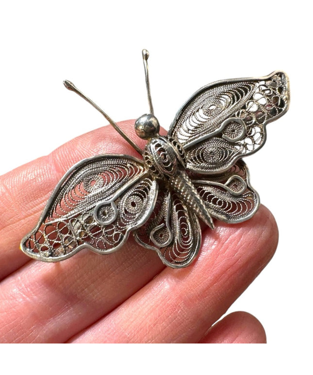 Stunning antique 800 silver large filagree BUTTERFLY brooch