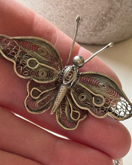 Stunning antique 800 silver large filagree BUTTERFLY brooch