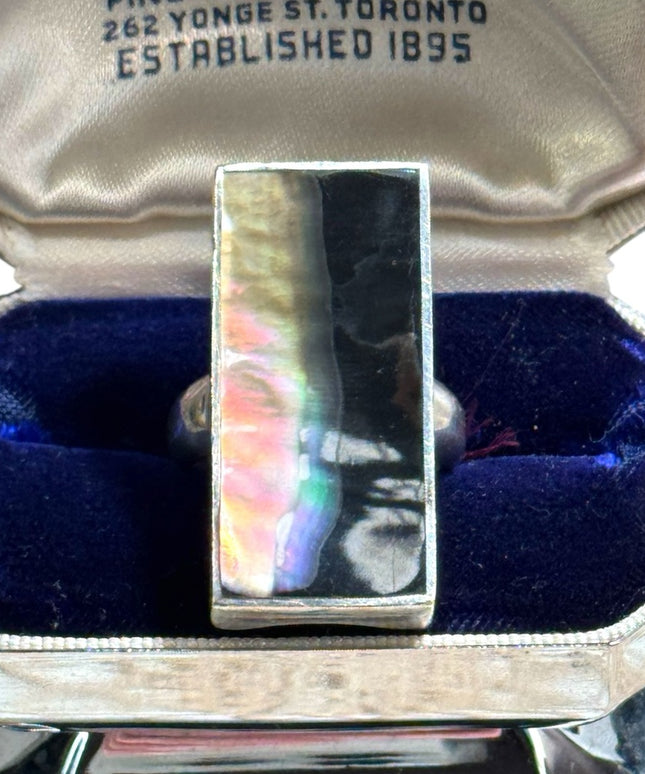 Vintage sterling silver 925 long rectangle abalone statement ring southwestern