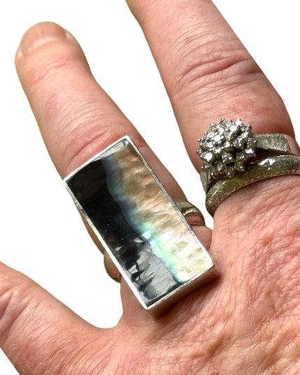 Vintage sterling silver 925 long rectangle abalone statement ring southwestern