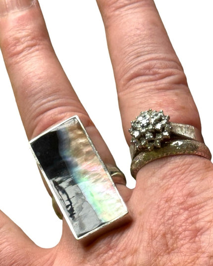 Vintage sterling silver 925 long rectangle abalone statement ring southwestern