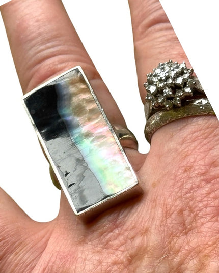Vintage sterling silver 925 long rectangle abalone statement ring southwestern
