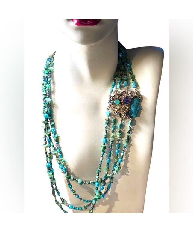 Sajen turquoise multi gemstone goddess sterling 925 handmade Bali necklace RARE