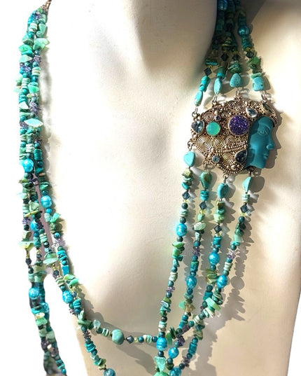 Sajen turquoise multi gemstone goddess sterling 925 handmade Bali necklace RARE
