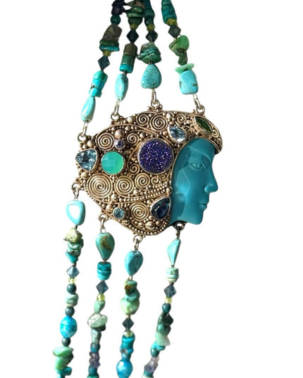 Sajen turquoise multi gemstone goddess sterling 925 handmade Bali necklace RARE
