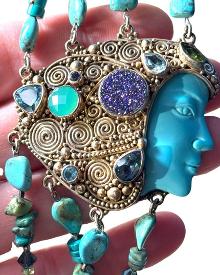 Sajen turquoise multi gemstone goddess sterling 925 handmade Bali necklace RARE