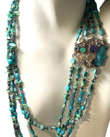Sajen turquoise multi gemstone goddess sterling 925 handmade Bali necklace RARE
