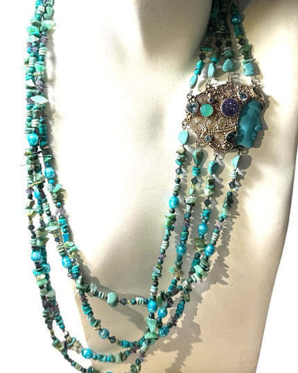 Sajen turquoise multi gemstone goddess sterling 925 handmade Bali necklace RARE
