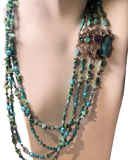 Sajen turquoise multi gemstone goddess sterling 925 handmade Bali necklace RARE