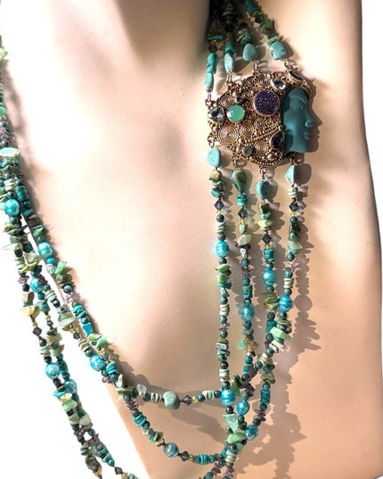Sajen turquoise multi gemstone goddess sterling 925 handmade Bali necklace RARE
