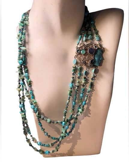 Sajen turquoise multi gemstone goddess sterling 925 handmade Bali necklace RARE