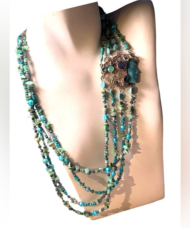 Sajen turquoise multi gemstone goddess sterling 925 handmade Bali necklace RARE