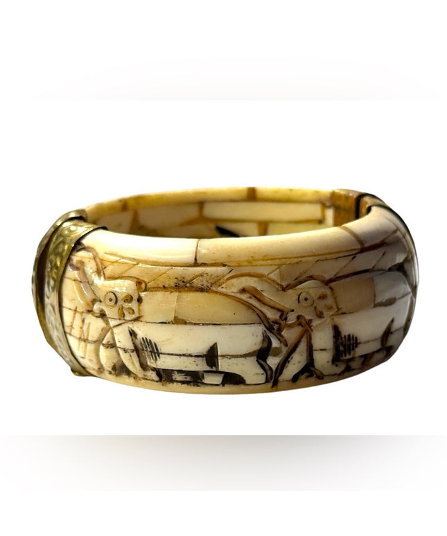 Vintage bovine bone island indo carved elephant bangle bracelet
