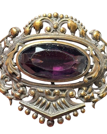 Antique Art Nouveau Filigree Czech Amethyst Glass Stone Sash Pin Brooch