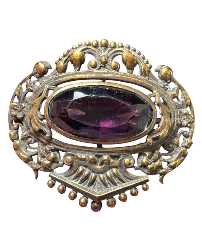 Antique Art Nouveau Filigree Czech Amethyst Glass Stone Sash Pin Brooch