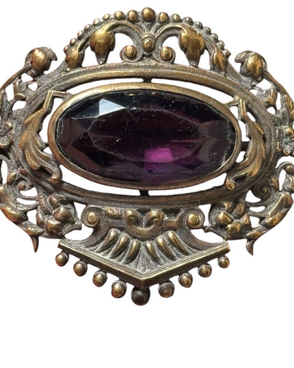 Antique Art Nouveau Filigree Czech Amethyst Glass Stone Sash Pin Brooch