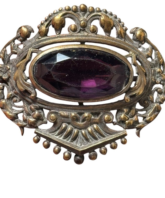 Antique Art Nouveau Filigree Czech Amethyst Glass Stone Sash Pin Brooch