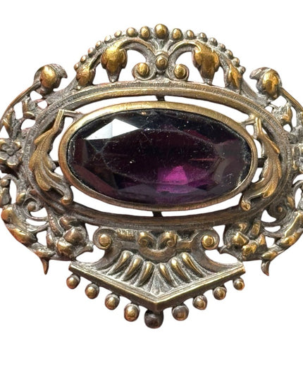 Antique Art Nouveau Filigree Czech Amethyst Glass Stone Sash Pin Brooch