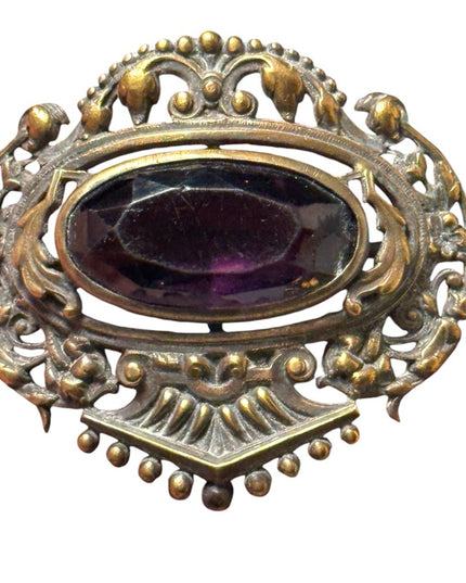 Antique Art Nouveau Filigree Czech Amethyst Glass Stone Sash Pin Brooch
