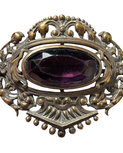 Antique Art Nouveau Filigree Czech Amethyst Glass Stone Sash Pin Brooch