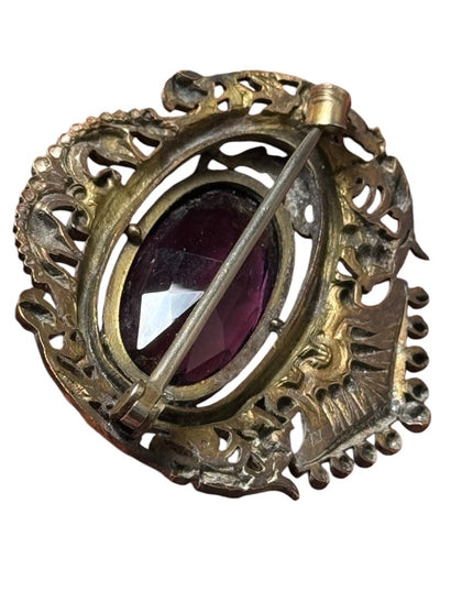 Antique Art Nouveau Filigree Czech Amethyst Glass Stone Sash Pin Brooch