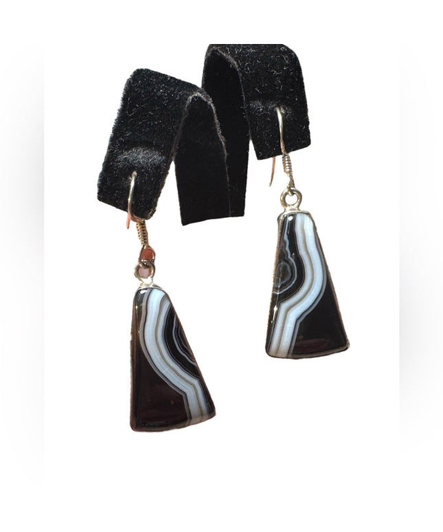 Sterling silver 925 banded agate triangle dangle earrings