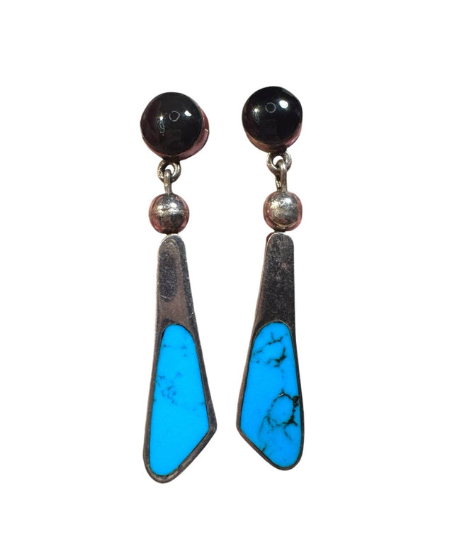 Vintage sterling silver 925 handmade southwesrern turquoise black onyx earrings