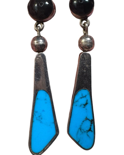 Vintage sterling silver 925 handmade southwesrern turquoise black onyx earrings