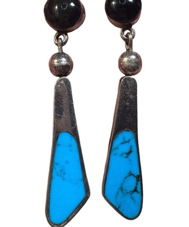 Vintage sterling silver 925 handmade southwesrern turquoise black onyx earrings
