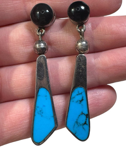 Vintage sterling silver 925 handmade southwesrern turquoise black onyx earrings