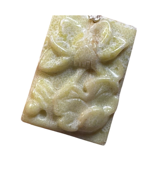 Vintage chinese export yellow Jade carved flower pendant necklace sterling 925