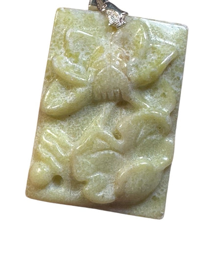 Vintage chinese export yellow Jade carved flower pendant necklace sterling 925