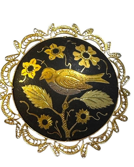 Vintage Spanish Damascene Gold plated Black Toledo Brooch