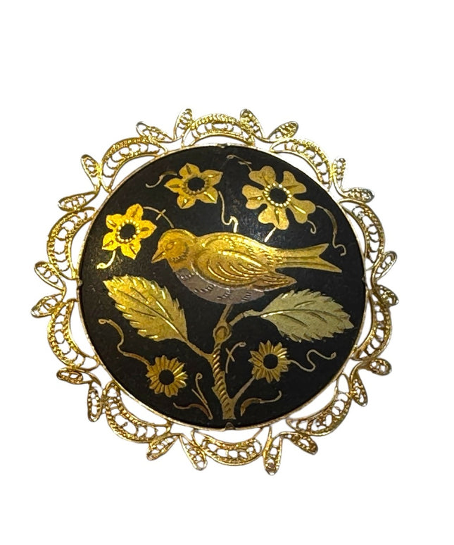 Vintage Spanish Damascene Gold plated Black Toledo Brooch