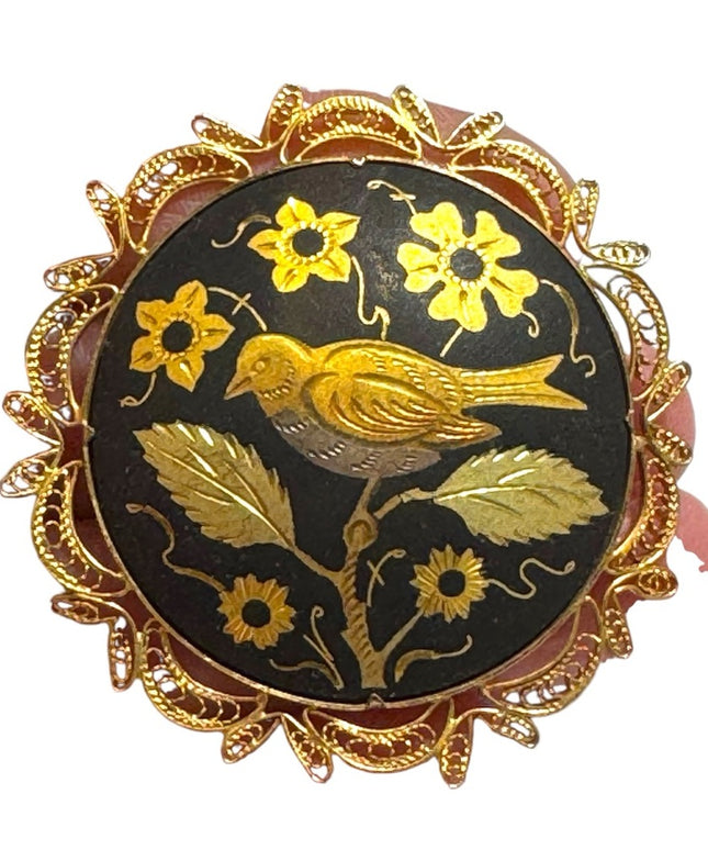 Vintage Spanish Damascene Gold plated Black Toledo Brooch