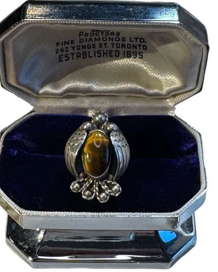 Vintage handmade Navajo sterling silver Eagle ring with tiger eye