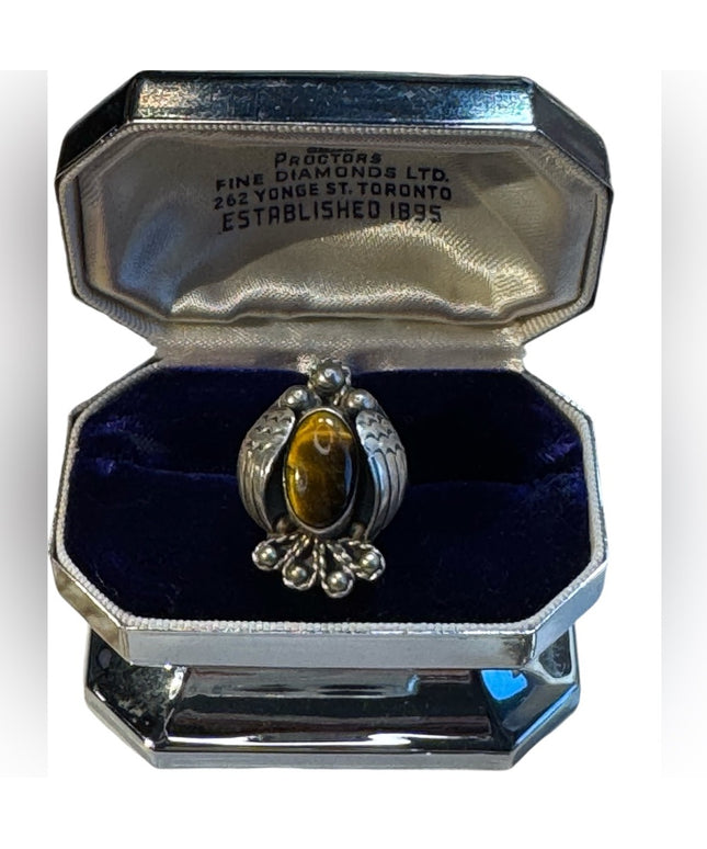 Vintage handmade Navajo sterling silver Eagle ring with tiger eye