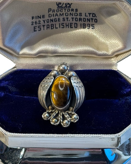 Vintage handmade Navajo sterling silver Eagle ring with tiger eye
