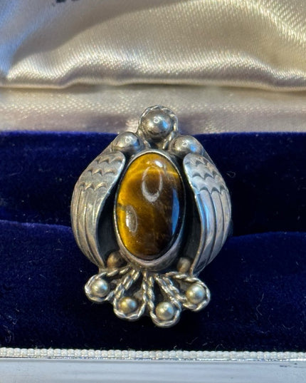 Vintage handmade Navajo sterling silver Eagle ring with tiger eye