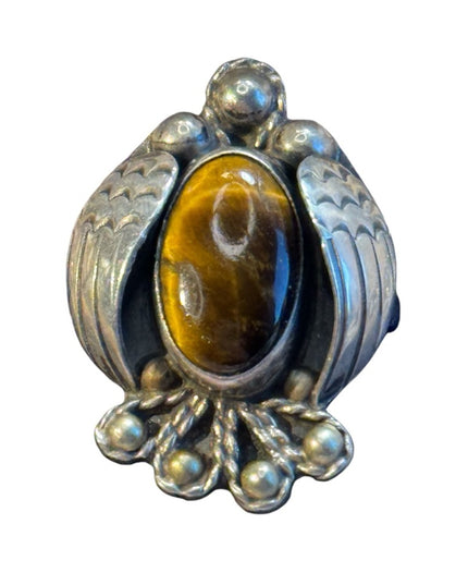Vintage handmade Navajo sterling silver Eagle ring with tiger eye