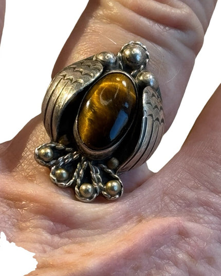 Vintage handmade Navajo sterling silver Eagle ring with tiger eye