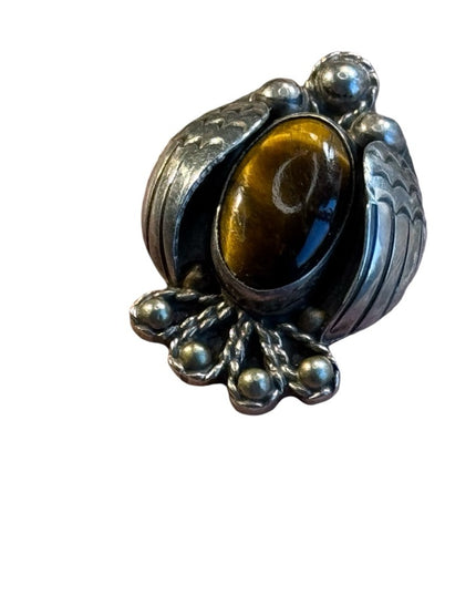 Vintage handmade Navajo sterling silver Eagle ring with tiger eye