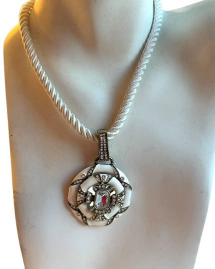 Heidi Daus Newport Chic White Black Enamel & Crystal Enhancer rope Necklace