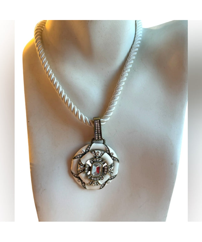 Heidi Daus Newport Chic White Black Enamel & Crystal Enhancer rope Necklace