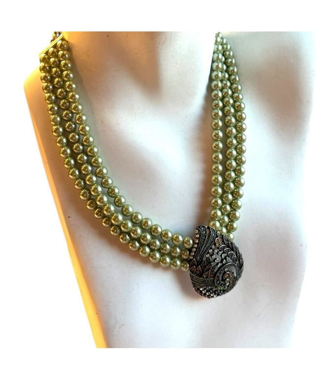 HEIDI DAUS TEARED TAPESTRY THREE STRAND FAUX PEARL GREEN PAISLEY NECKLACE