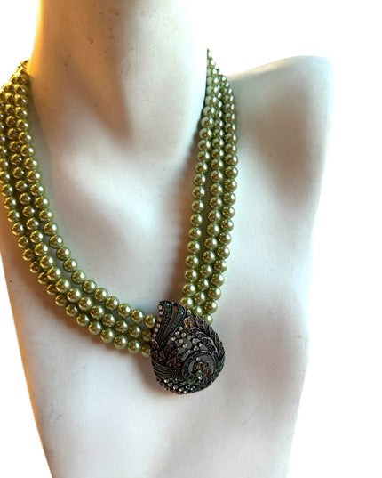 HEIDI DAUS TEARED TAPESTRY THREE STRAND FAUX PEARL GREEN PAISLEY NECKLACE