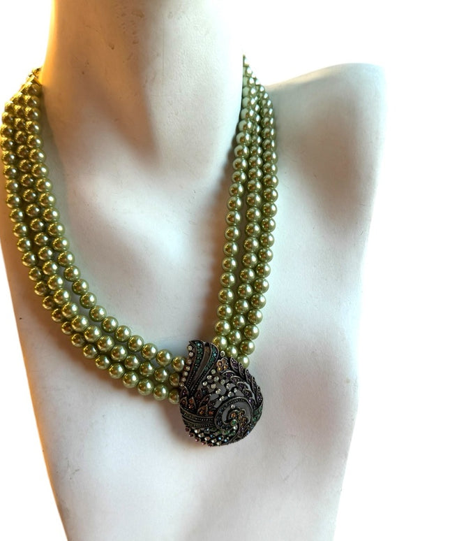 HEIDI DAUS TEARED TAPESTRY THREE STRAND FAUX PEARL GREEN PAISLEY NECKLACE