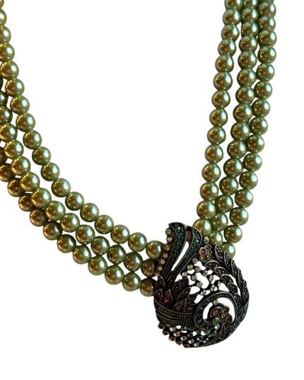 HEIDI DAUS TEARED TAPESTRY THREE STRAND FAUX PEARL GREEN PAISLEY NECKLACE